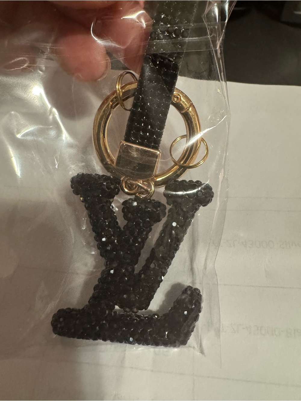 Black  Rhinestone Keychain with Gold Ring